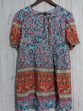 Shein Turquoise Floral Boho Tie-Neck Tunic Sx 1X